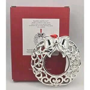 Lenox Wreath Sparkle and Scroll Silver Clear Gems Christmas Ornament NIB U81